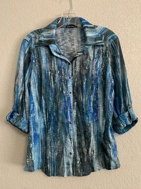 David Cline Shirt Womens M Crushed Snap Front Metallic Abstract Shimmer Artsy